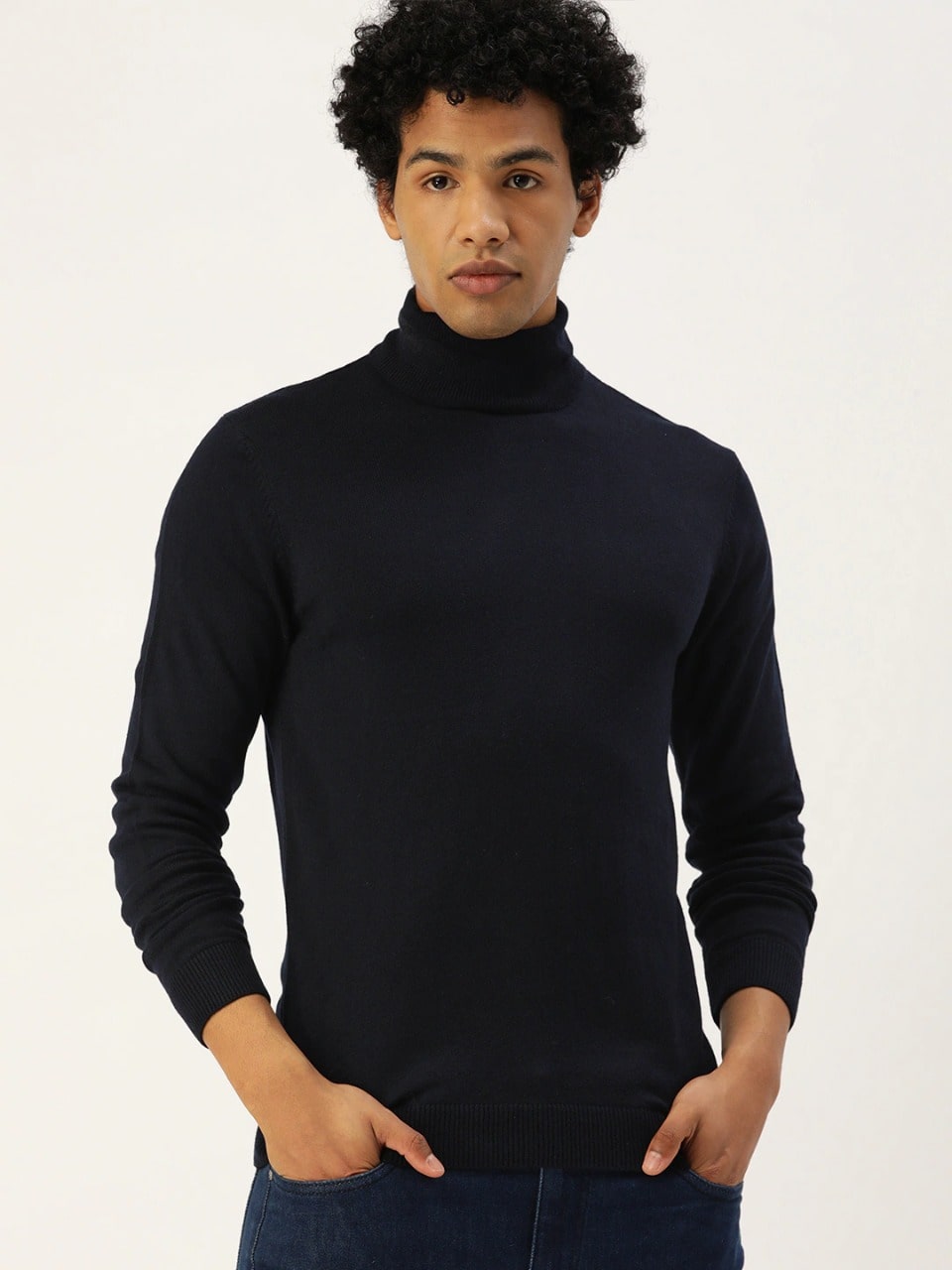 Men Navy Blue Solid Pullover Sweater