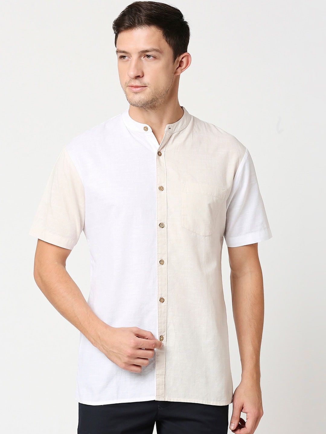 White & Cream Colourblocked Casual Shirt