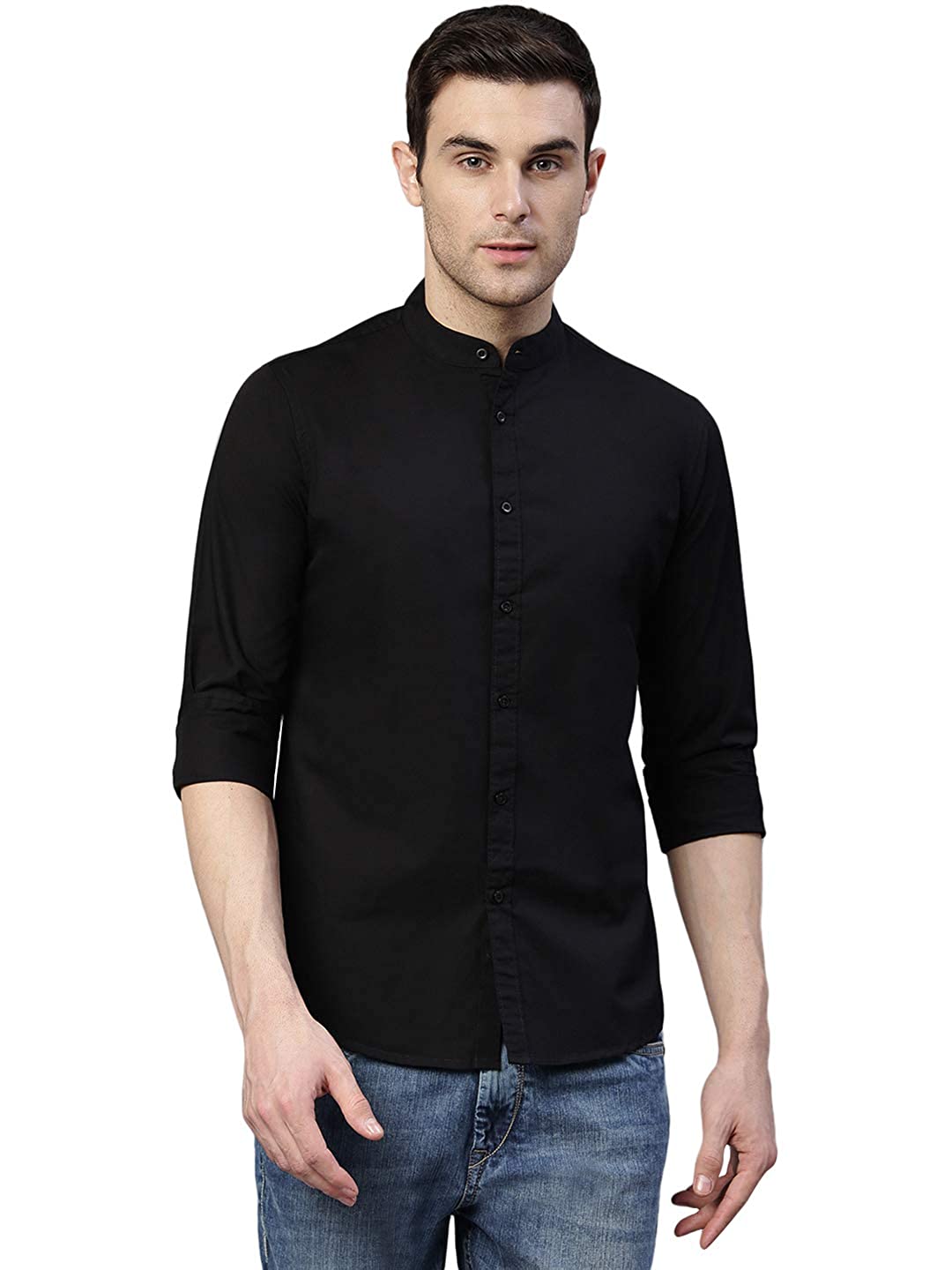 black collarless shirt