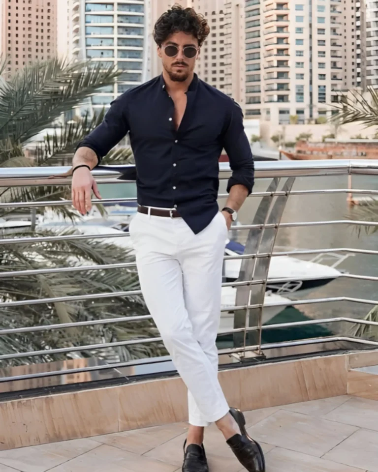 black shirt and white pant combination