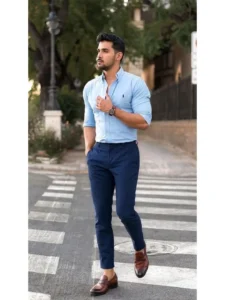 Read more about the article Light Blue Long Sleeve Shirt With Navy Blue Pant Outfits For Men