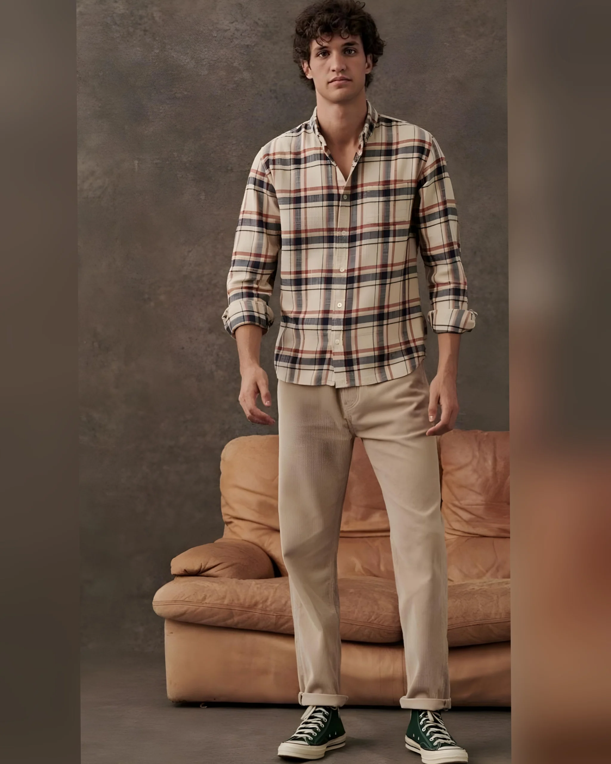 Read more about the article Checkered Long Sleeve Shirt With Beige Chinos Outfits For Men